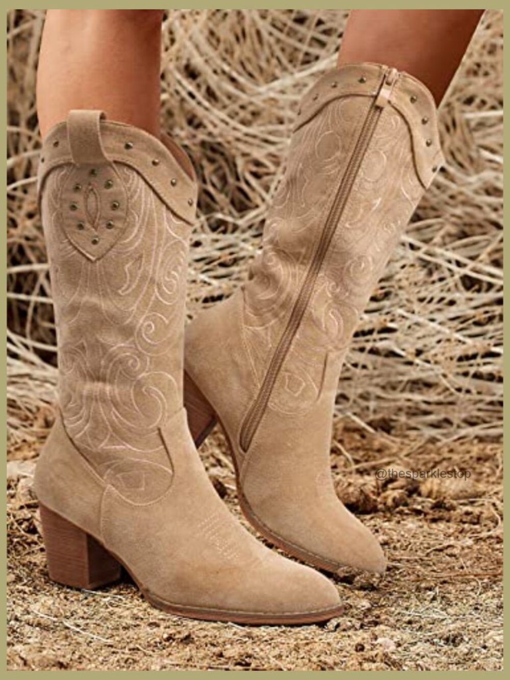 Mid Calf Cowboy Boots with Embroidered Detail & Chunky Heel - Picture 3 of 7